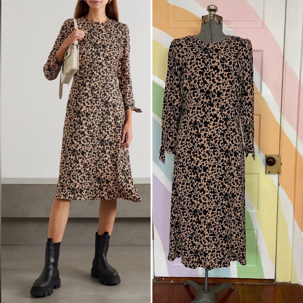 ✨ NWT Reformation Port Leopard Print Long Sleeve Crepe Midi Dress Women's 8